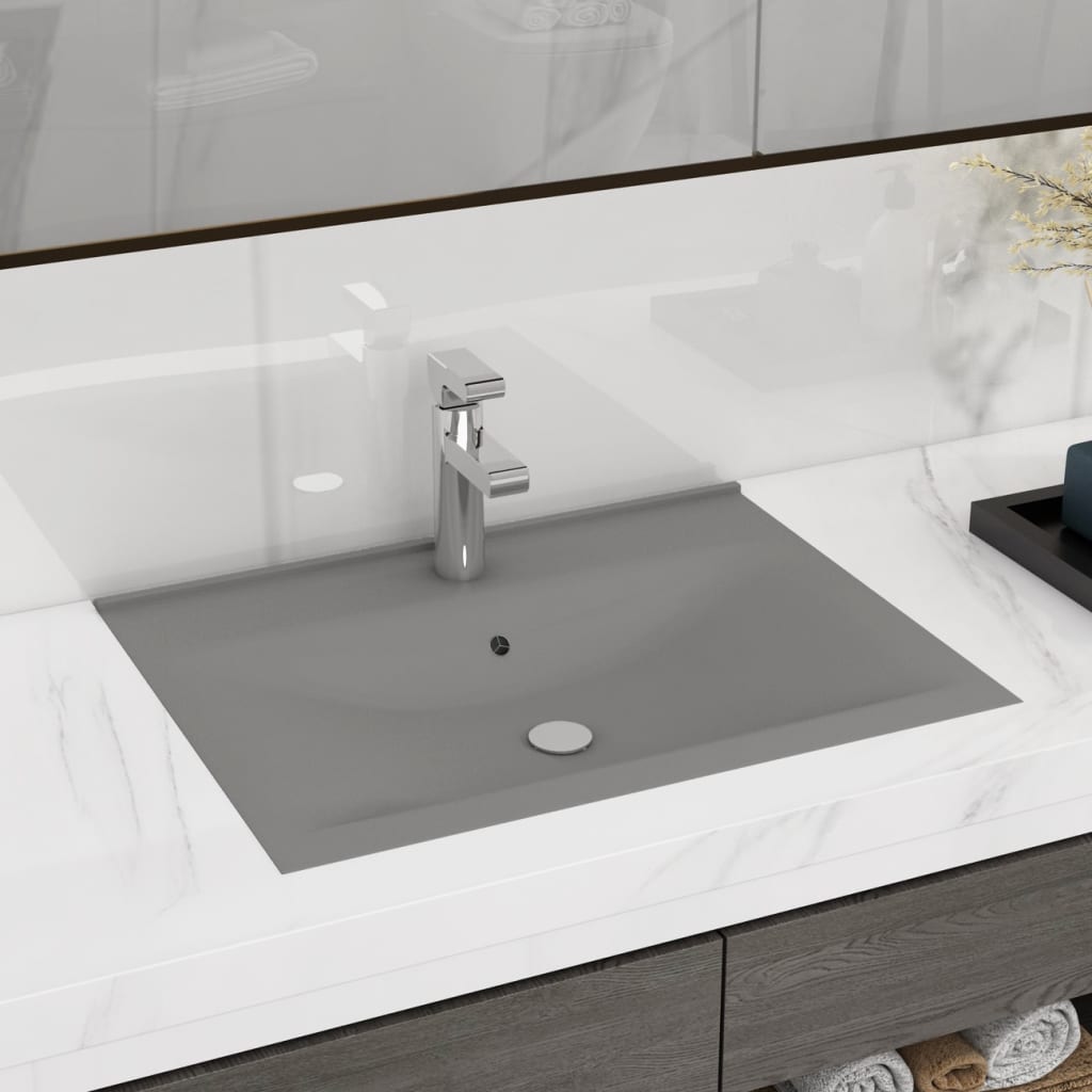 Vetonek Lavabo de lujo con grifo cerámica 60x46 cm gris claro