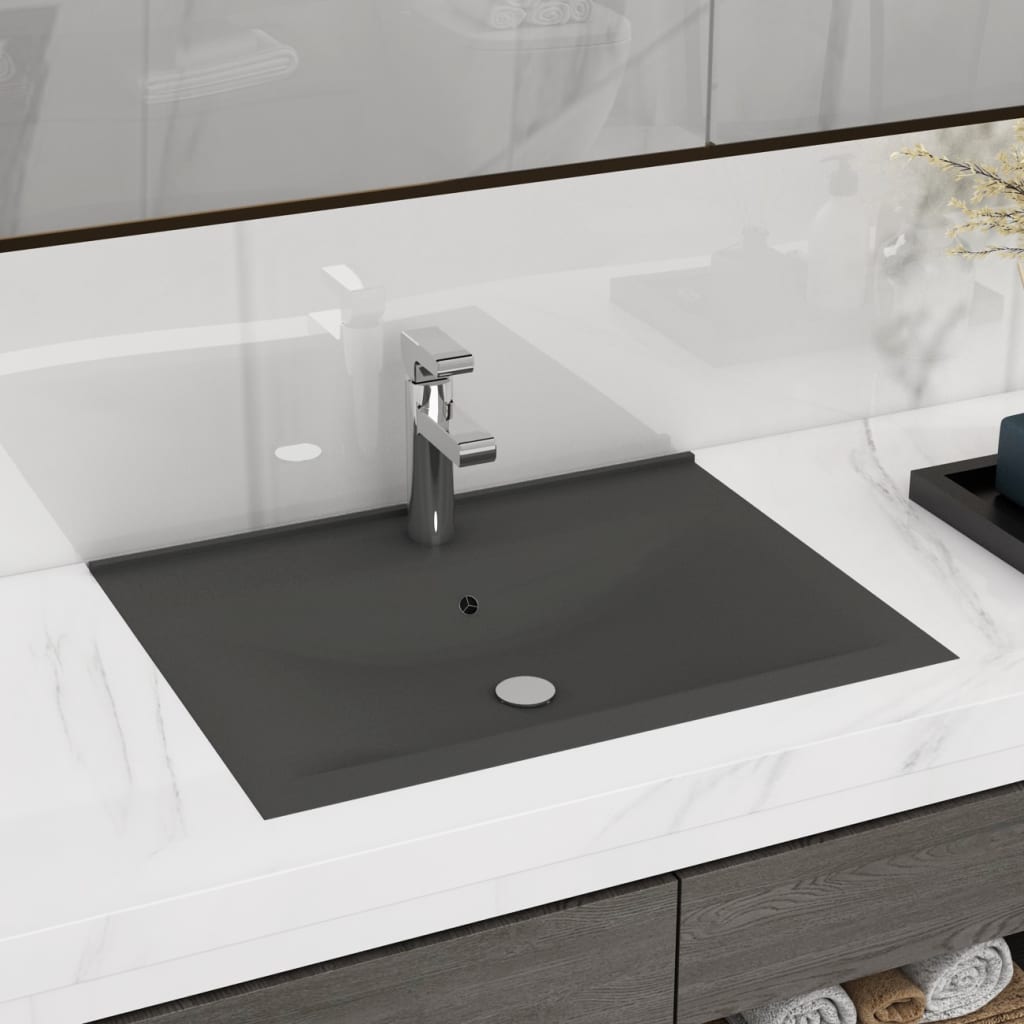 Vetonek Lavabo de lujo con grifo cerámica gris oscuro 60x46 cm