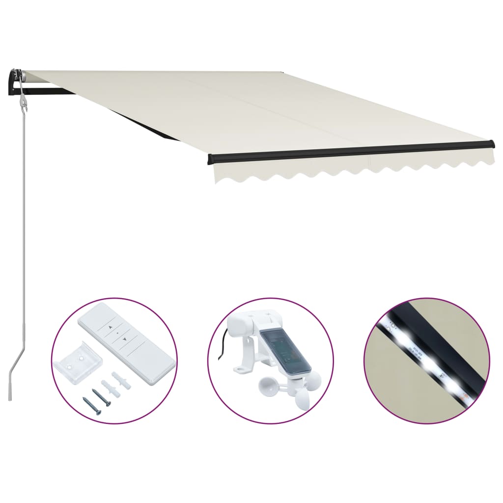 Toldo retráctil sensor de viento y LED color crema 300x250 cm vidaXL