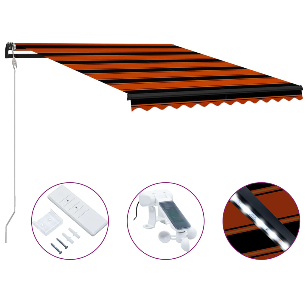 Vetonek Toldo retráctil sensor de viento LED naranja y marrón 300x250cm