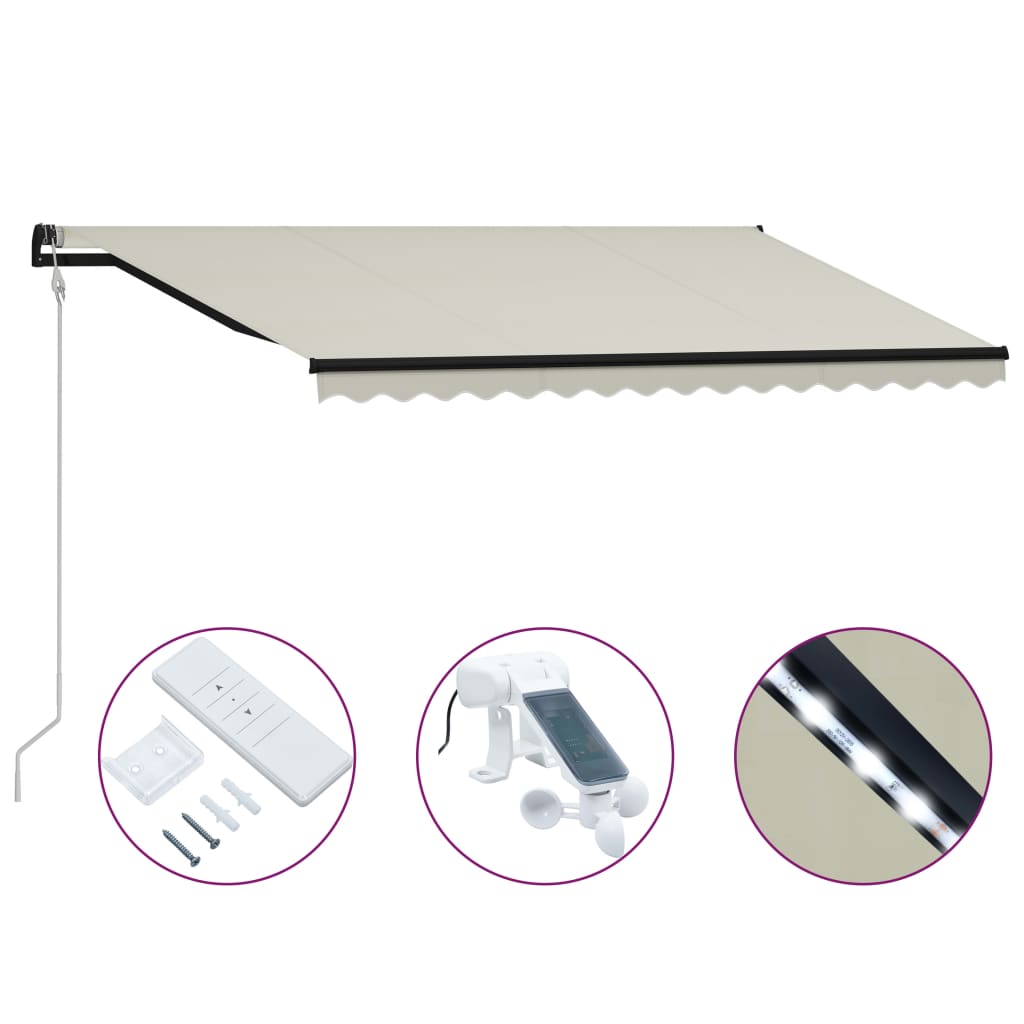 Toldo retráctil sensor de viento y LED color crema 400x300 cm vidaXL