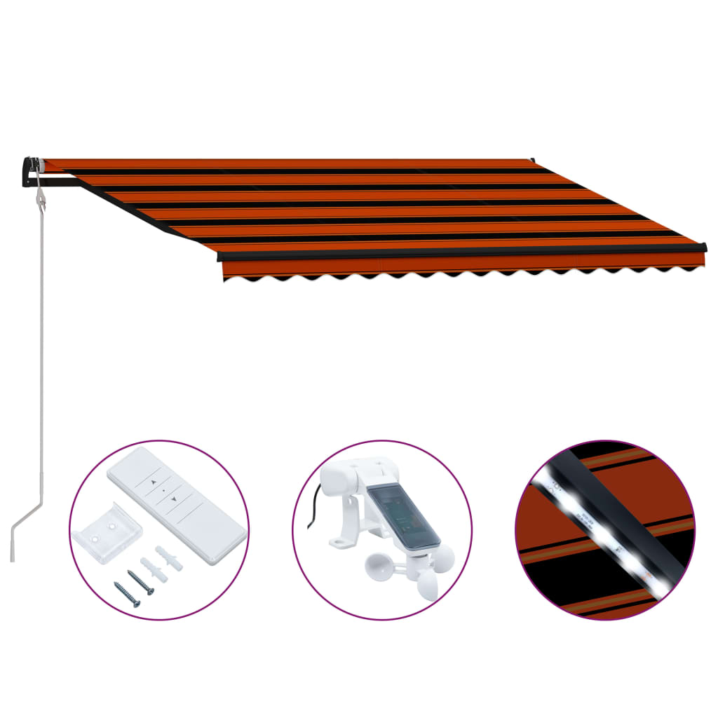 Toldo retráctil sensor de viento y LED naranja marrón 450x300cm vidaXL