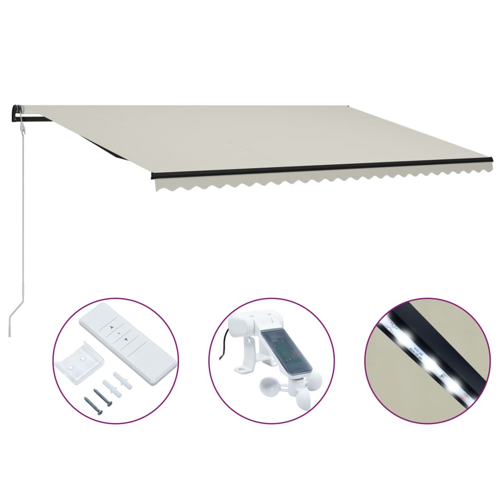 Toldo retráctil sensor de viento y LED color crema 600x300 cm vidaXL