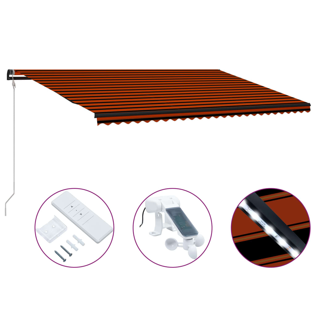 Toldo retráctil sensor de viento y LED naranja marrón 600x300cm vidaXL