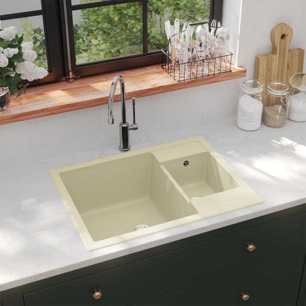 Vetonek Fregadero de cocina doble seno con rebosadero granito beige