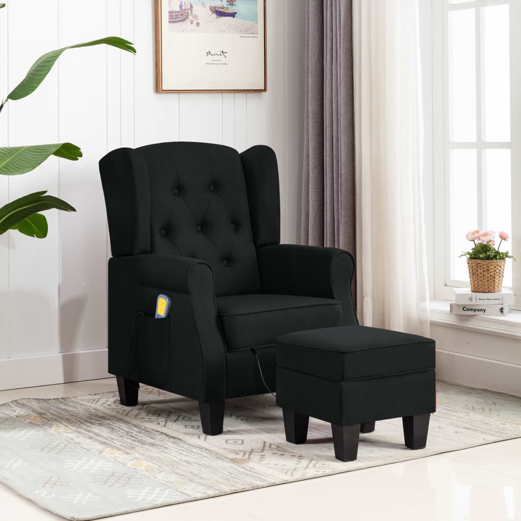 Vetonek Sillón de masaje con reposapiés tela negro