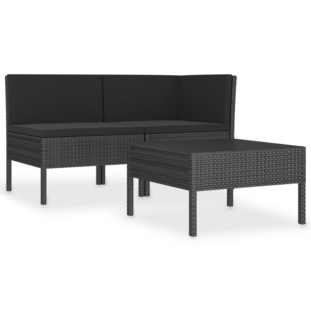 Set de muebles de jardín 3 pzas y cojines ratán sintético negro vidaXL