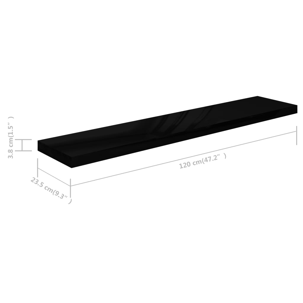 Estantes flotantes pared 2 uds MDF negro brillo 120x23,5x3,8 cm