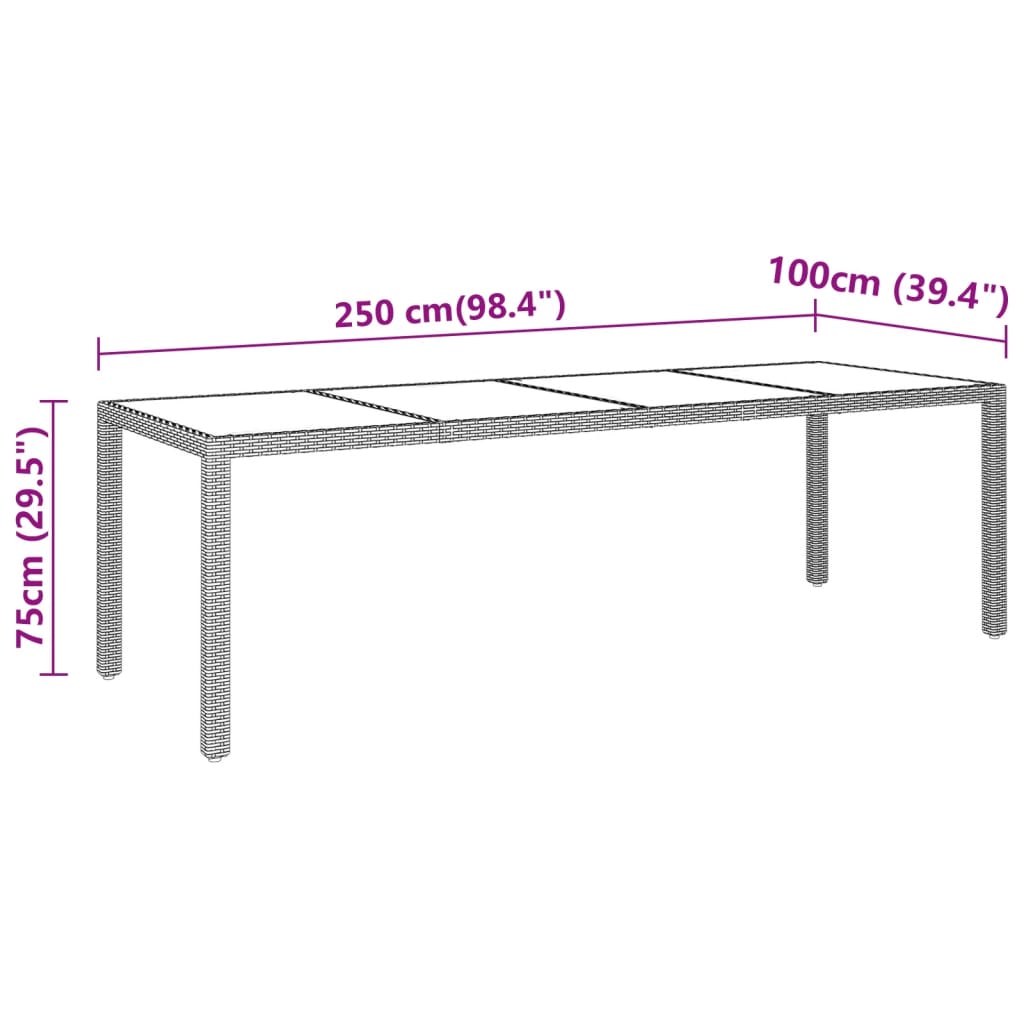 Mesa jardín vidrio templado ratán sintético gris 250x100x75 cm vidaXL