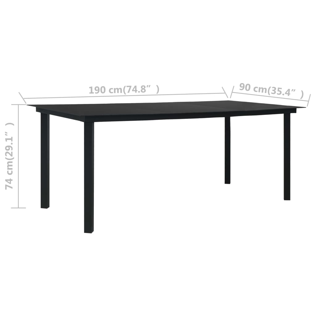 Mesa de comedor de jardín acero y vidrio negra 190x90x74 cm