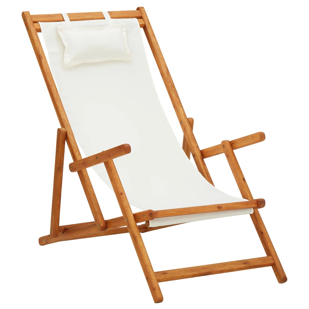 Vetonek Silla de playa plegable madera maciza de eucalipto y tela crema