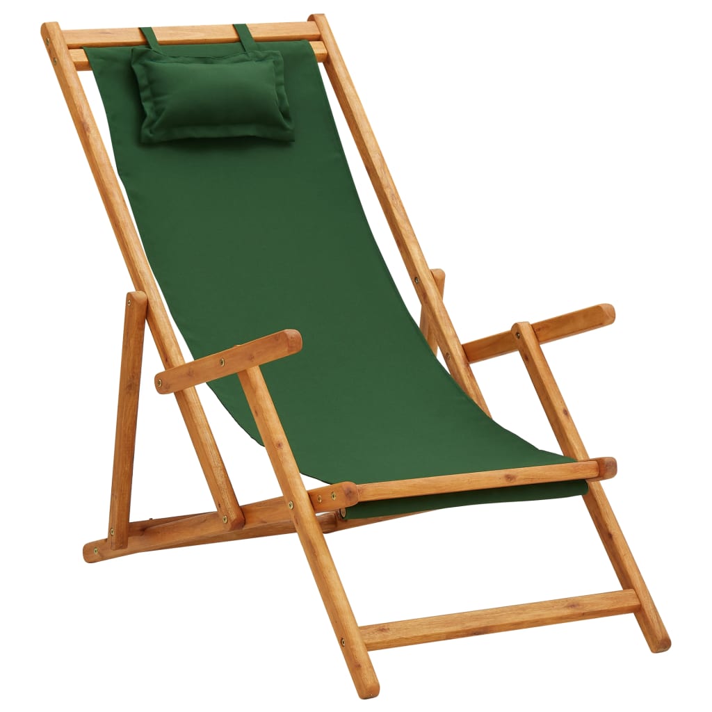 Vetonek Silla de playa plegable madera maciza de eucalipto y tela verde