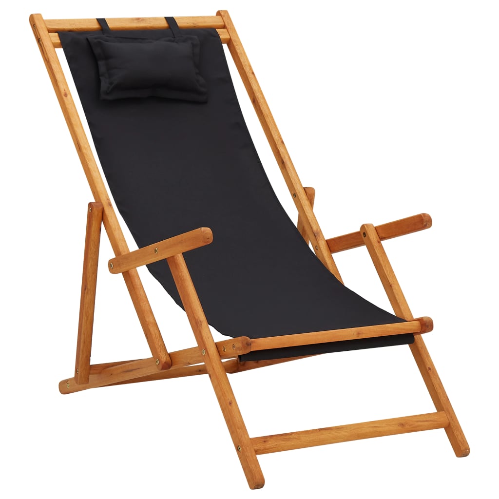 Vetonek Silla de playa plegable madera maciza de eucalipto y tela negra