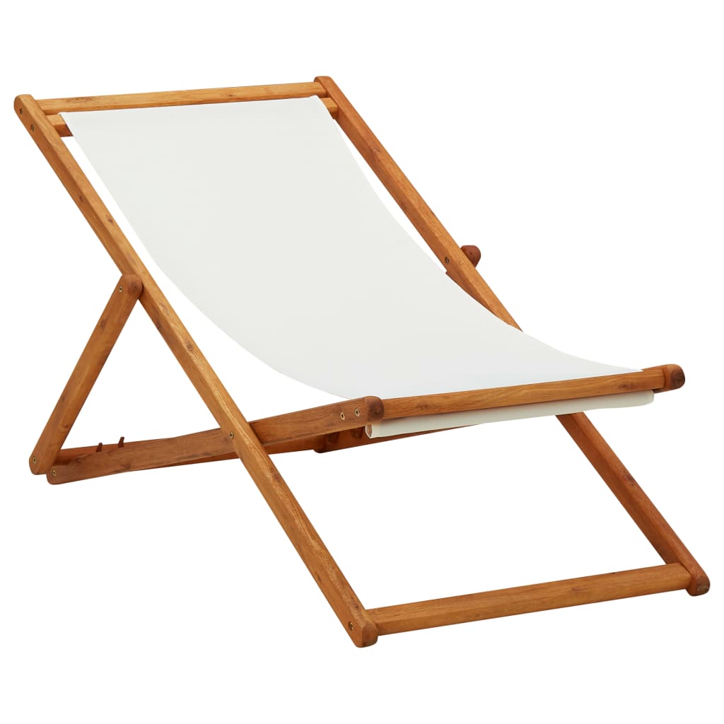 Vetonek Silla de playa plegable madera maciza de eucalipto y tela crema