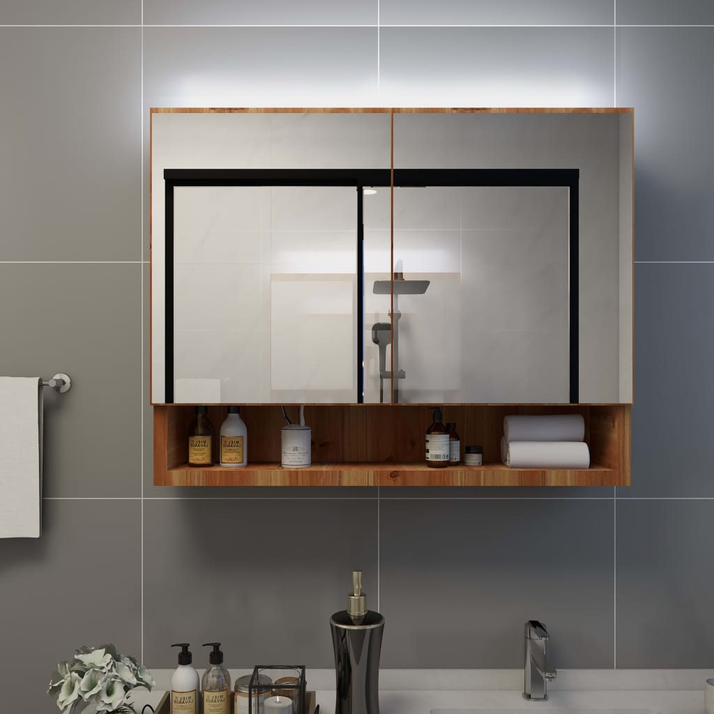 Mueble de baño con espejo led mdf roble 80x15x60 cm v9618 Vetonek