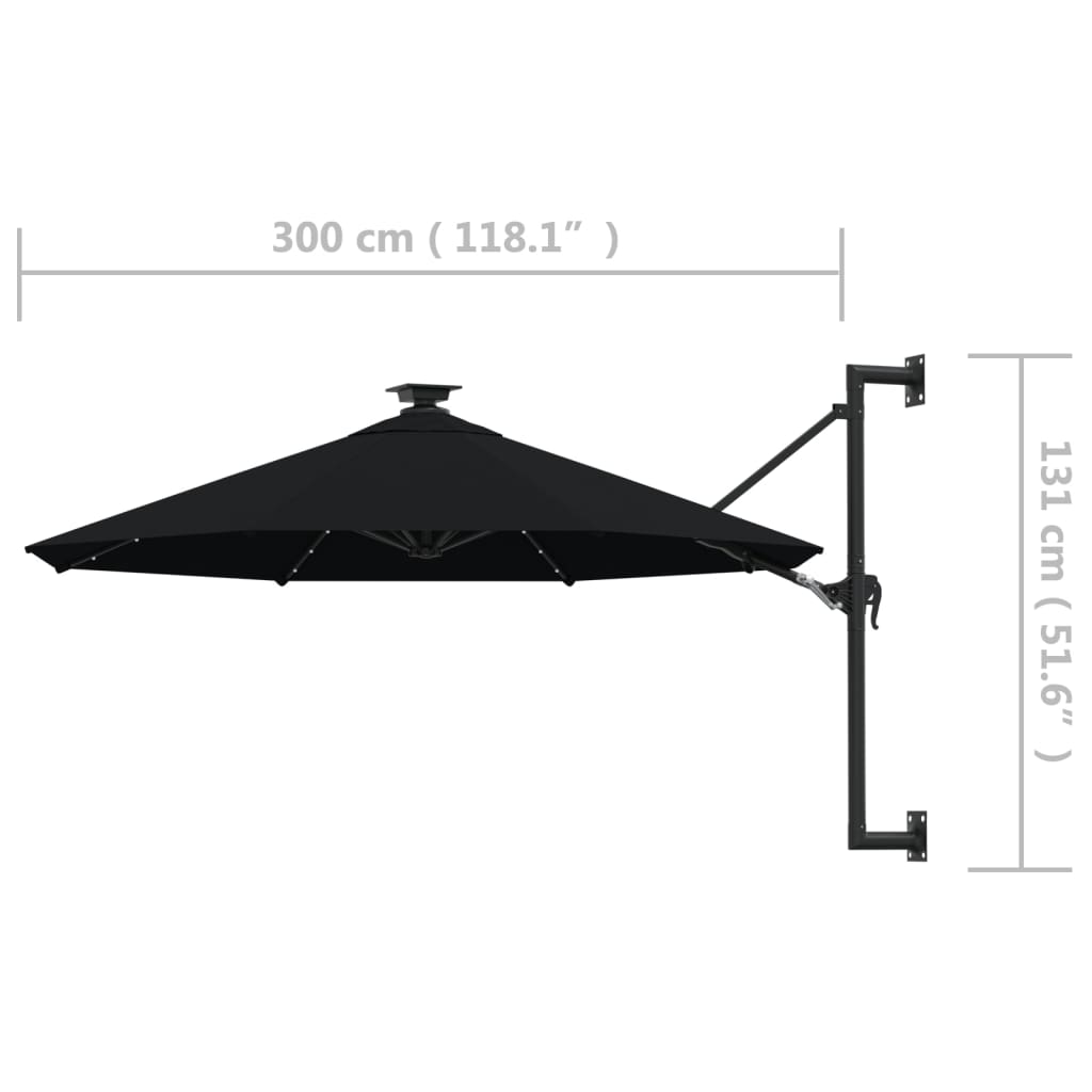 Sombrilla de jardín de pared con luces LED negro 300 cm - Vetonek