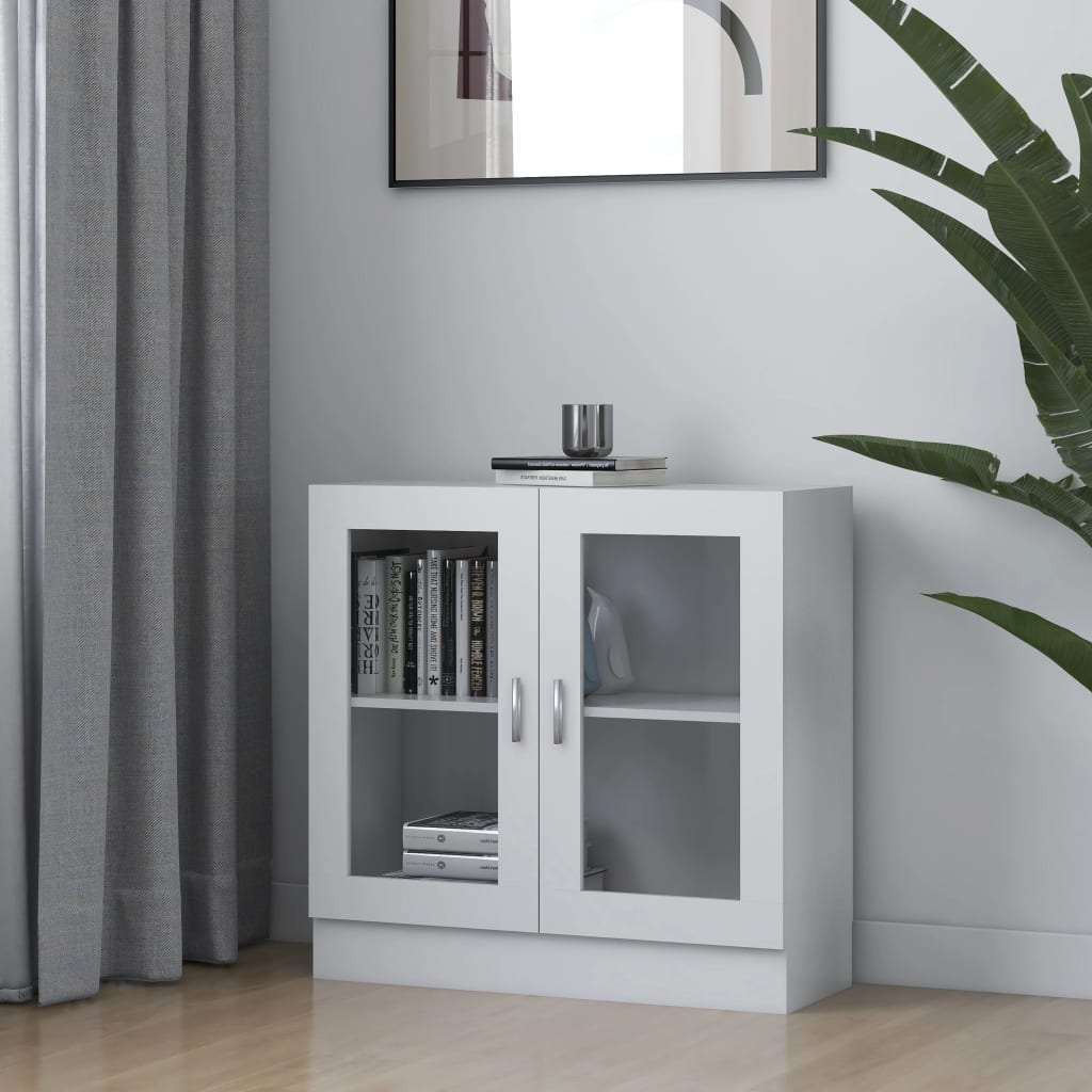 Vitrina de madera contrachapada blanca con puertas de cristal, ideal para almacenamiento y decoración del hogar.