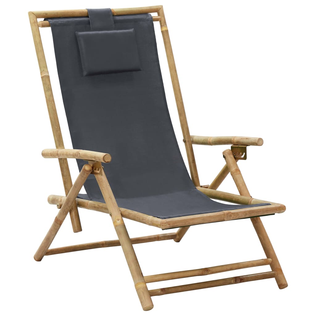 Vetonek Silla de relax reclinable de bambú y tela gris oscuro