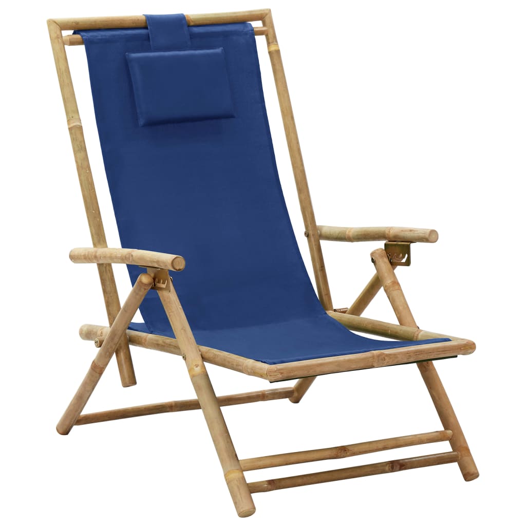 Vetonek Silla de relax reclinable de bambú y tela azul marino