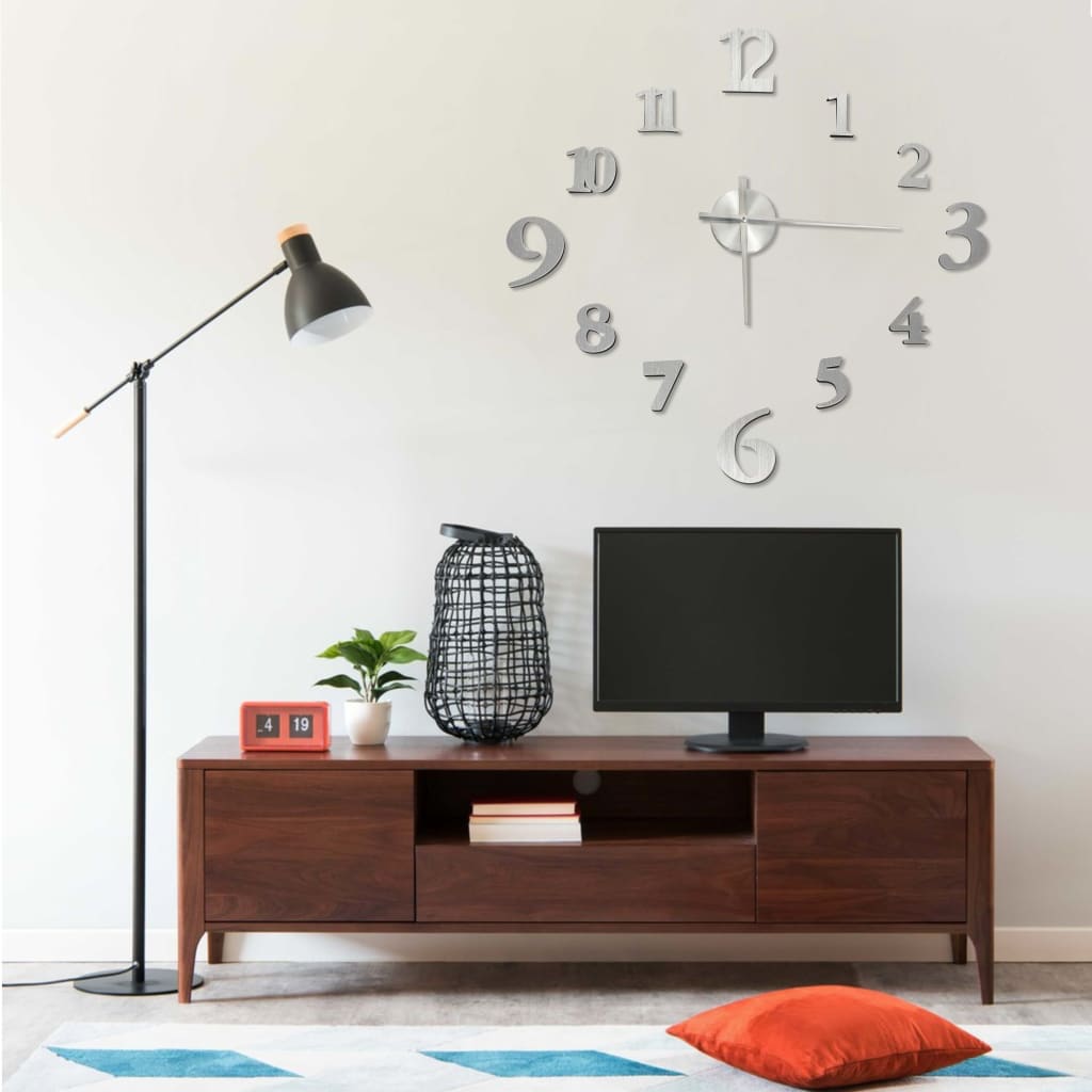 Vetonek Reloj 3D de pared con diseño moderno plateado 100 cm XXL