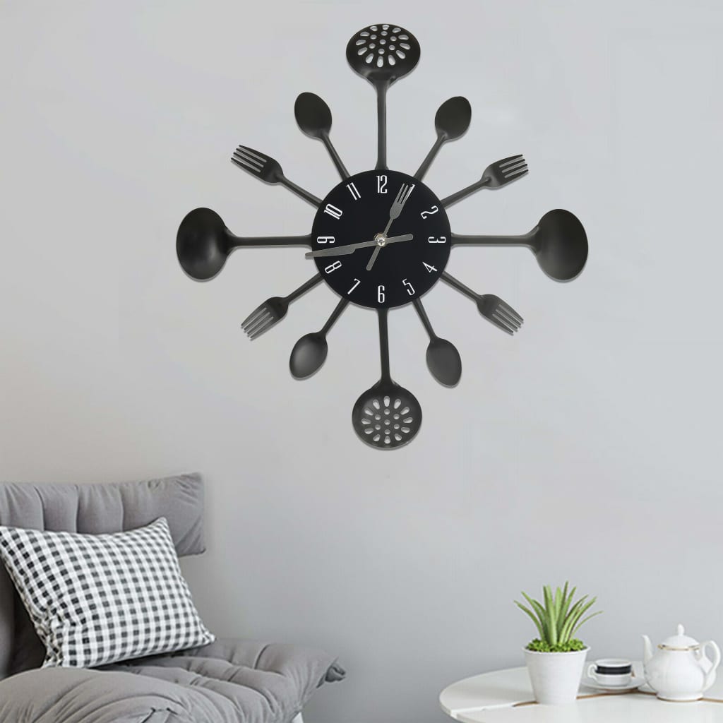 Vetonek Reloj de pared diseño cuchara y tenedor negro 40 cm aluminio