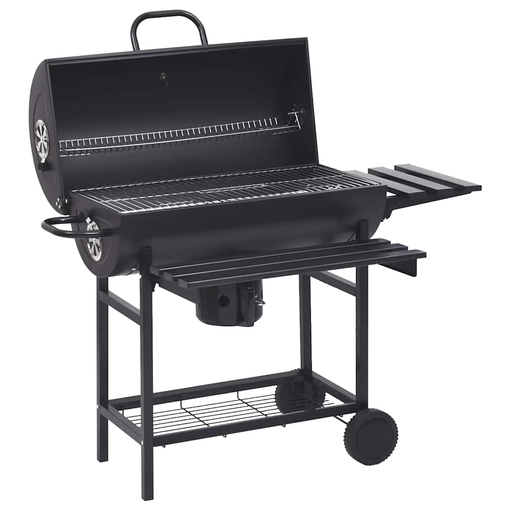 Parrilla de barril ruedas y estantes acero negro 115x85x95 cm v9639 Vetonek