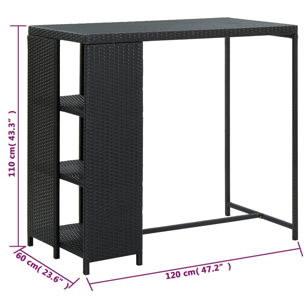 Mesa bar estante almacenaje 120x60x110cm ratán sintético negro vidaXL