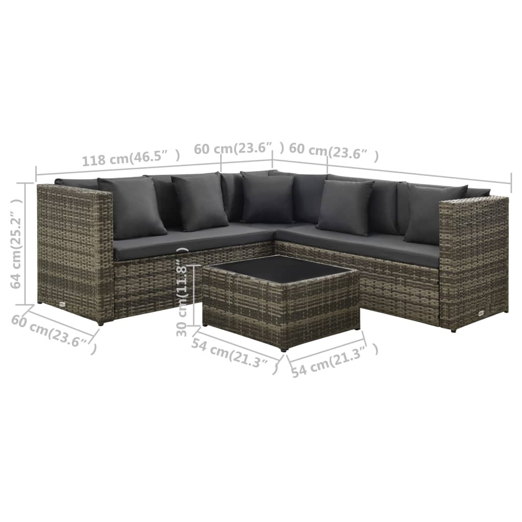 Set de muebles de jardín 4 pzas y cojines ratán sintético gris vidaXL