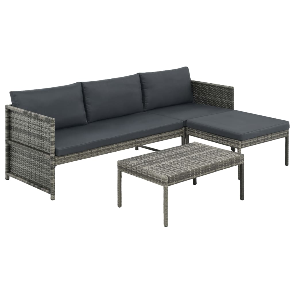 Vetonek Set muebles de jardín 3 piezas con cojines ratán sintético gris