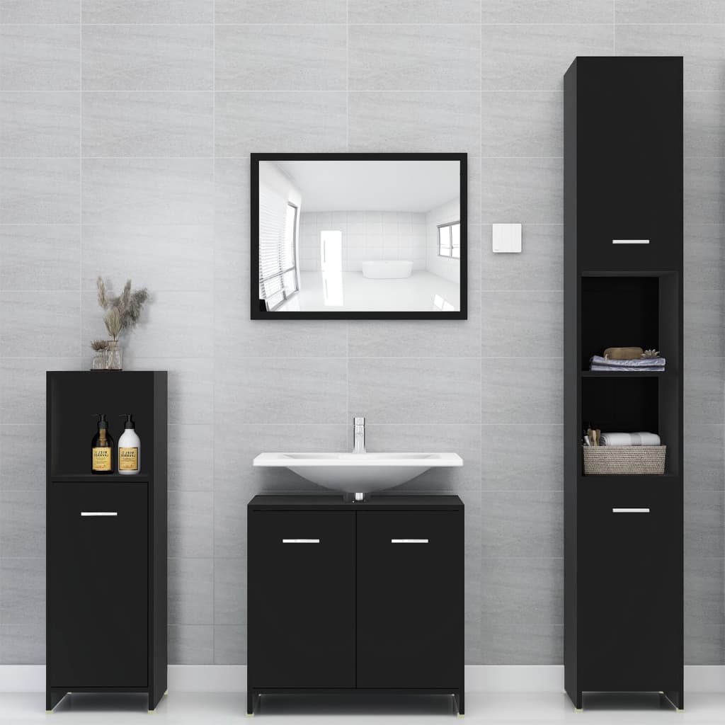 Vetonek Juego de muebles de baño 4 piezas madera ingeniería negro