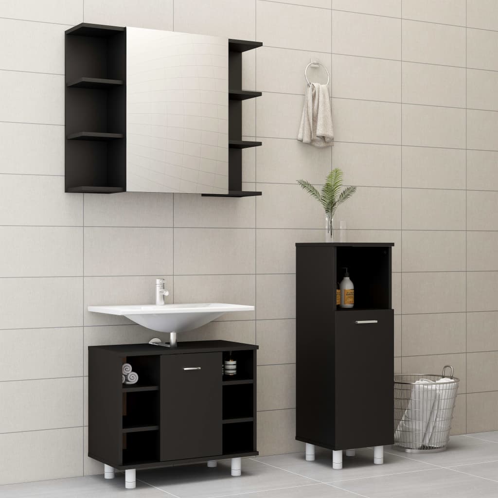 Vetonek Juego de muebles de baño 3 pzas madera ingeniería negro