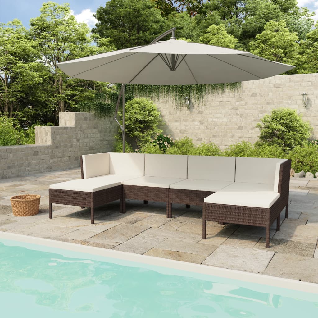 Set muebles de jardín 6 piezas y cojines ratán sintético marrón