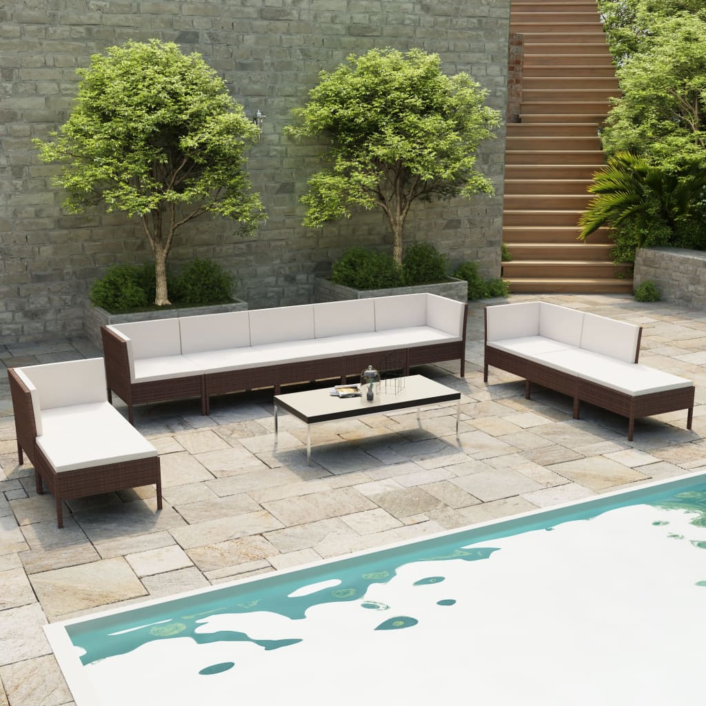 Set muebles de jardín 10 piezas cojines ratán sintético marrón