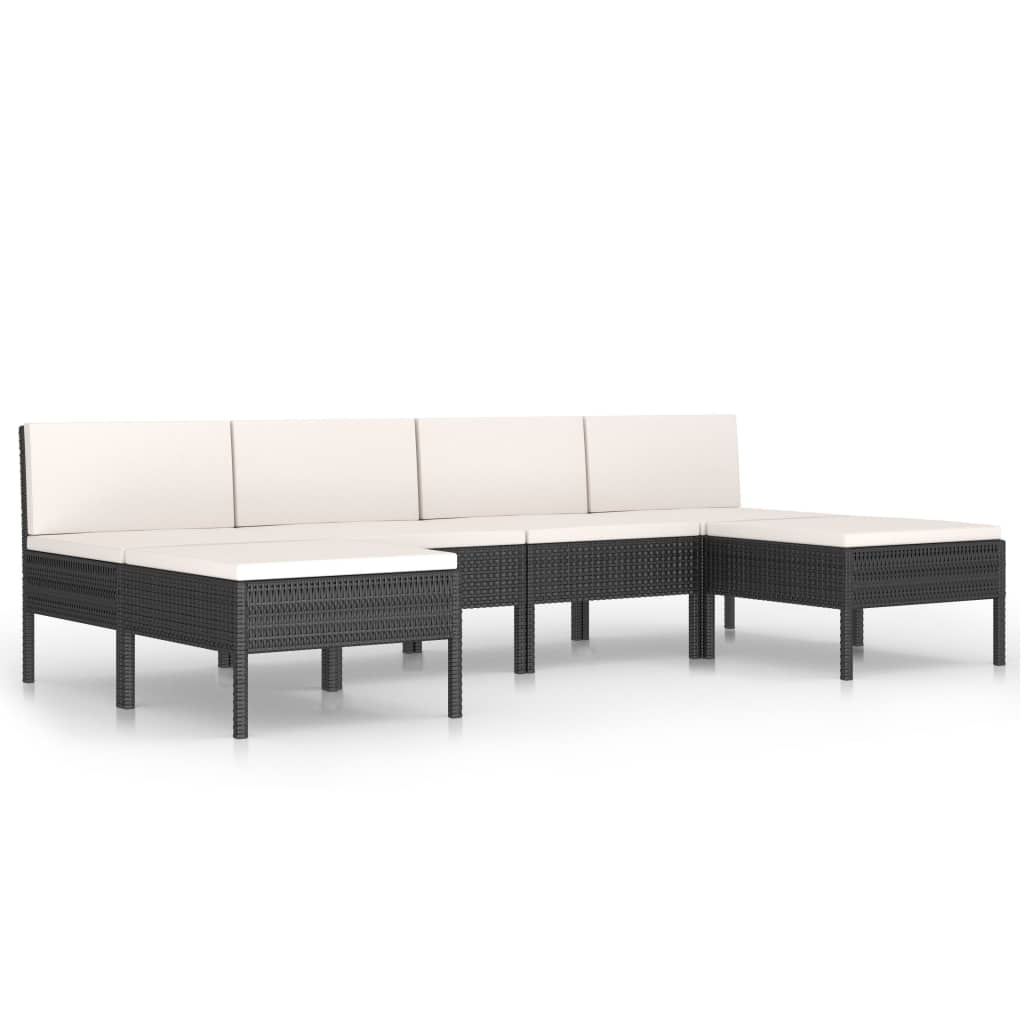 Set muebles de jardín 6 piezas y cojines ratán sintético negro