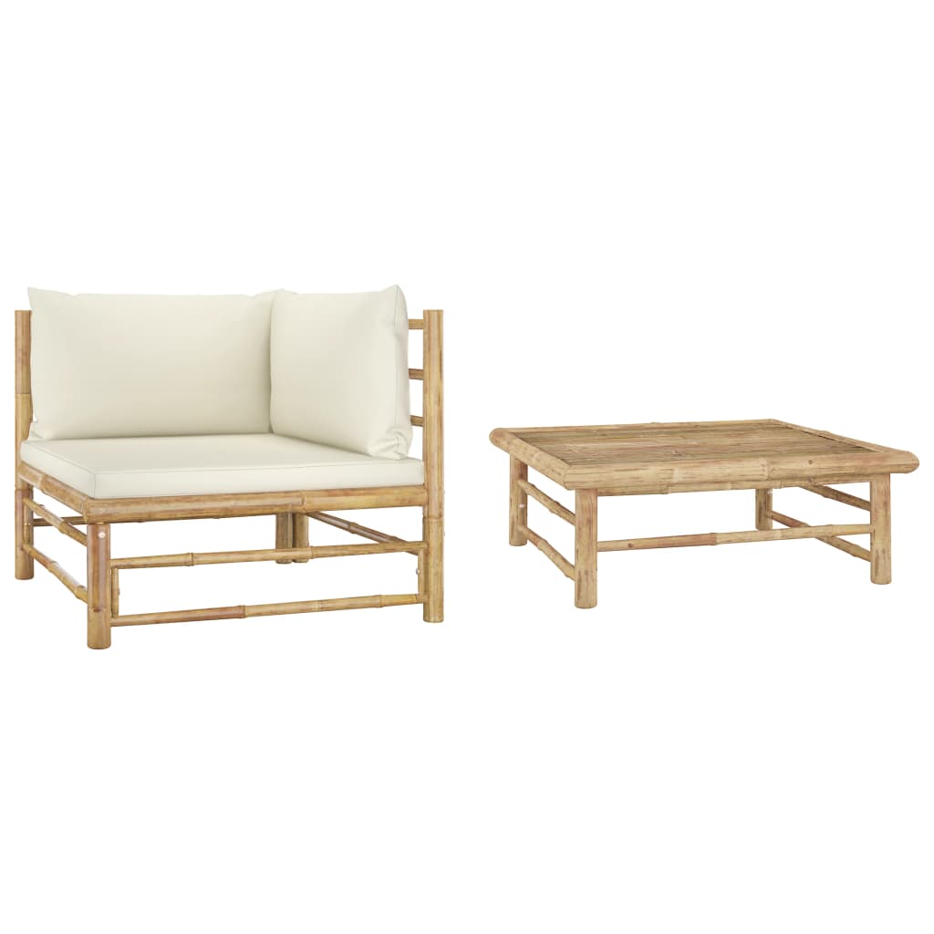 Vetonek Set de muebles de jardín 2 piezas bambú y cojines blanco crema