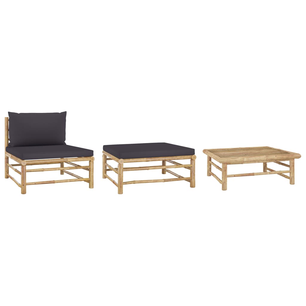 Vetonek Set de muebles de jardín 3 piezas bambú y cojines gris oscuro