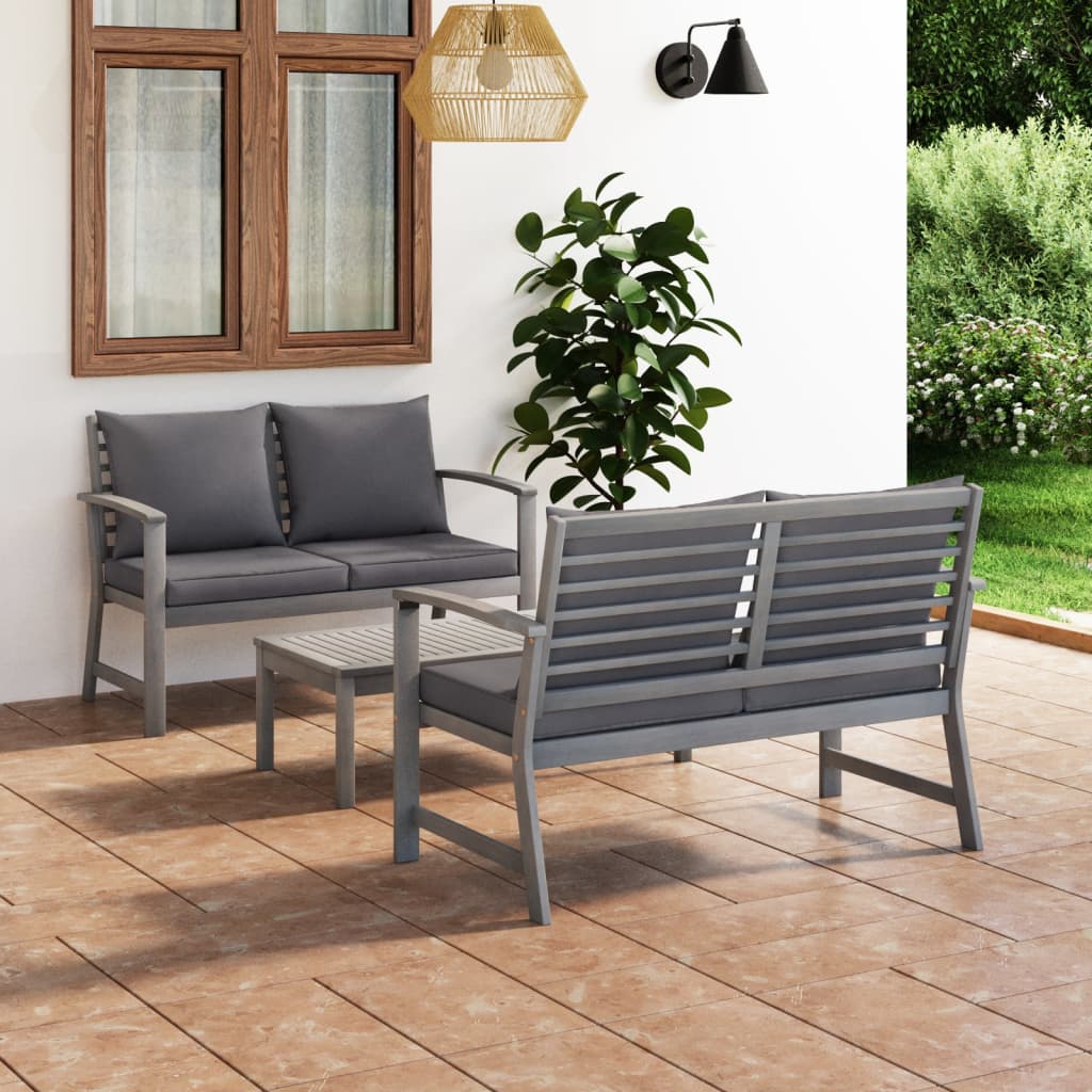 Vetonek Muebles de jardín 3 pzas cojines madera maciza de acacia gris