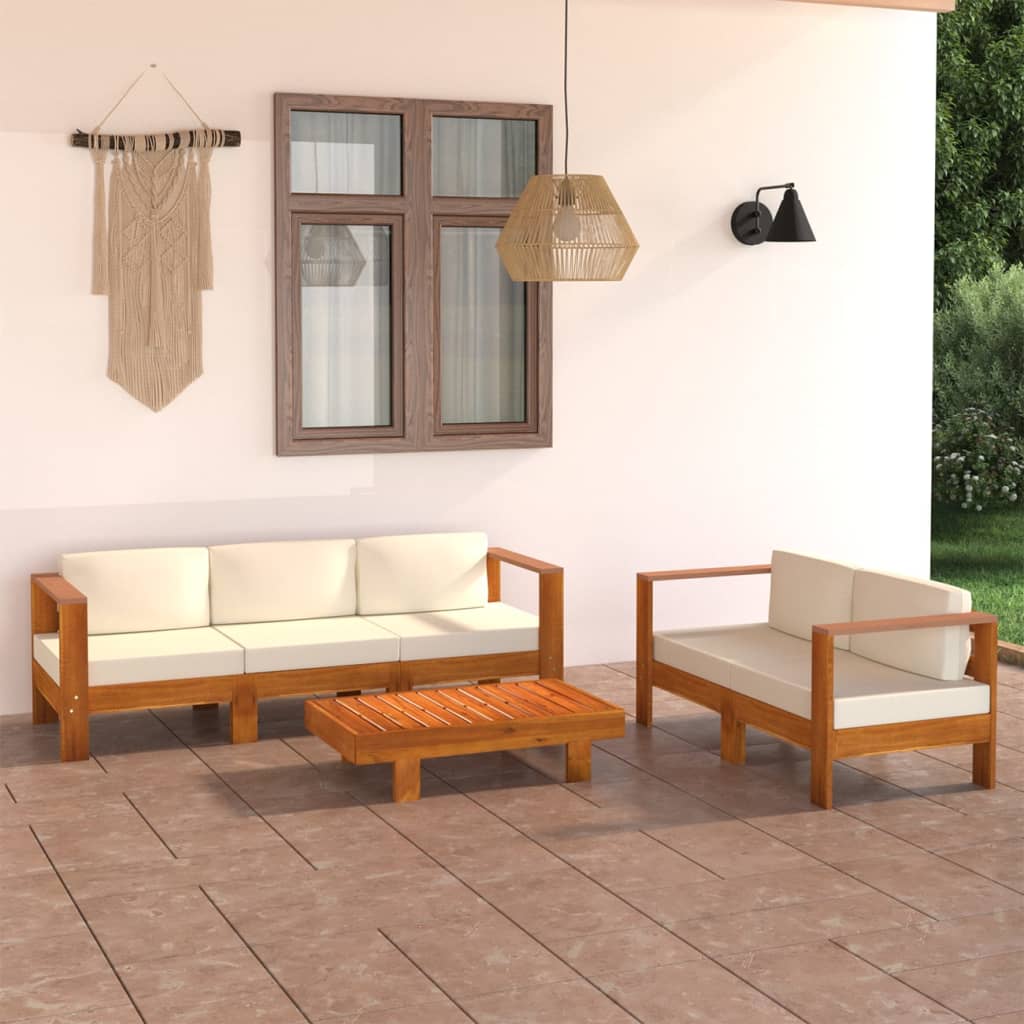 Vetonek Muebles de jardín 5 pzas cojines blanco crema madera de acacia 