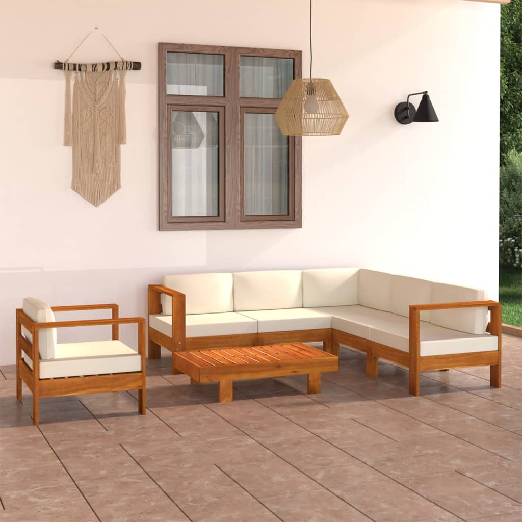 Vetonek Muebles de jardín 7 pzas cojines blanco crema madera de acacia 