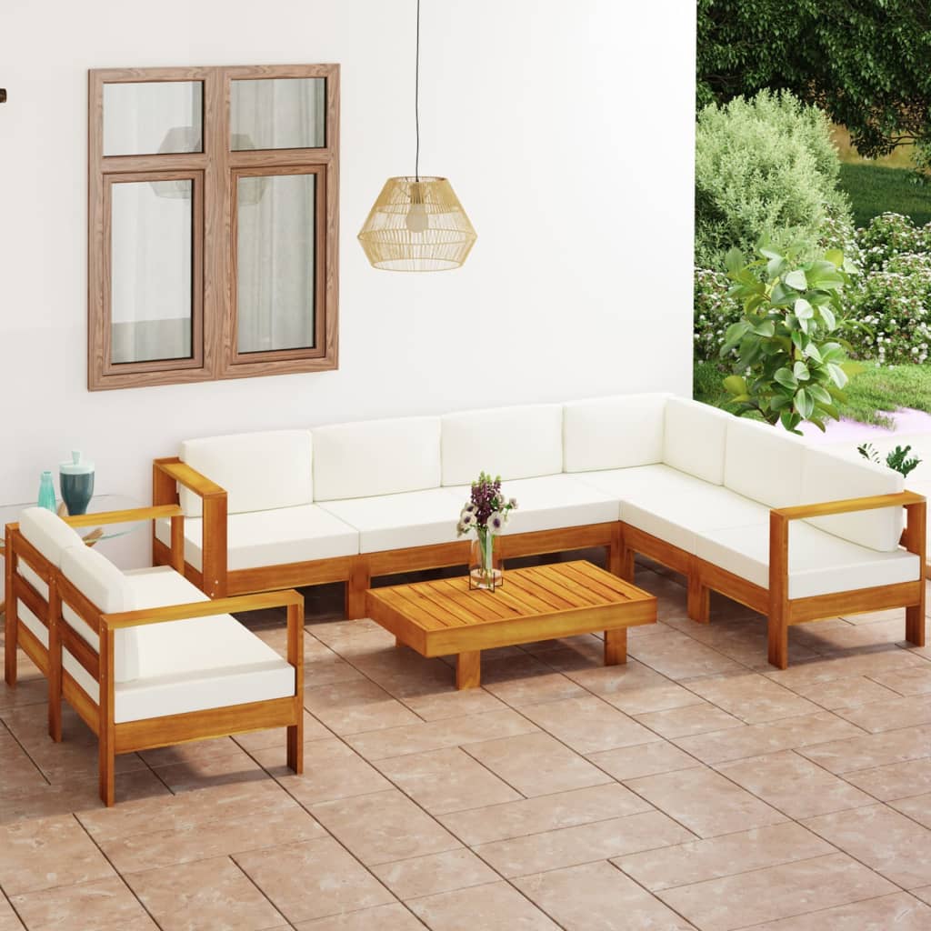 Vetonek Muebles de jardín 8 pzas cojines blanco crema madera de acacia 