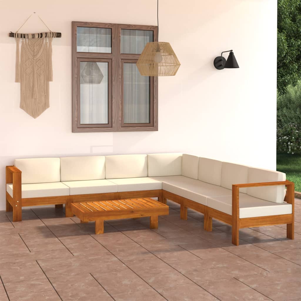 Vetonek Muebles de jardín 8 pzas cojines blanco crema madera de acacia 