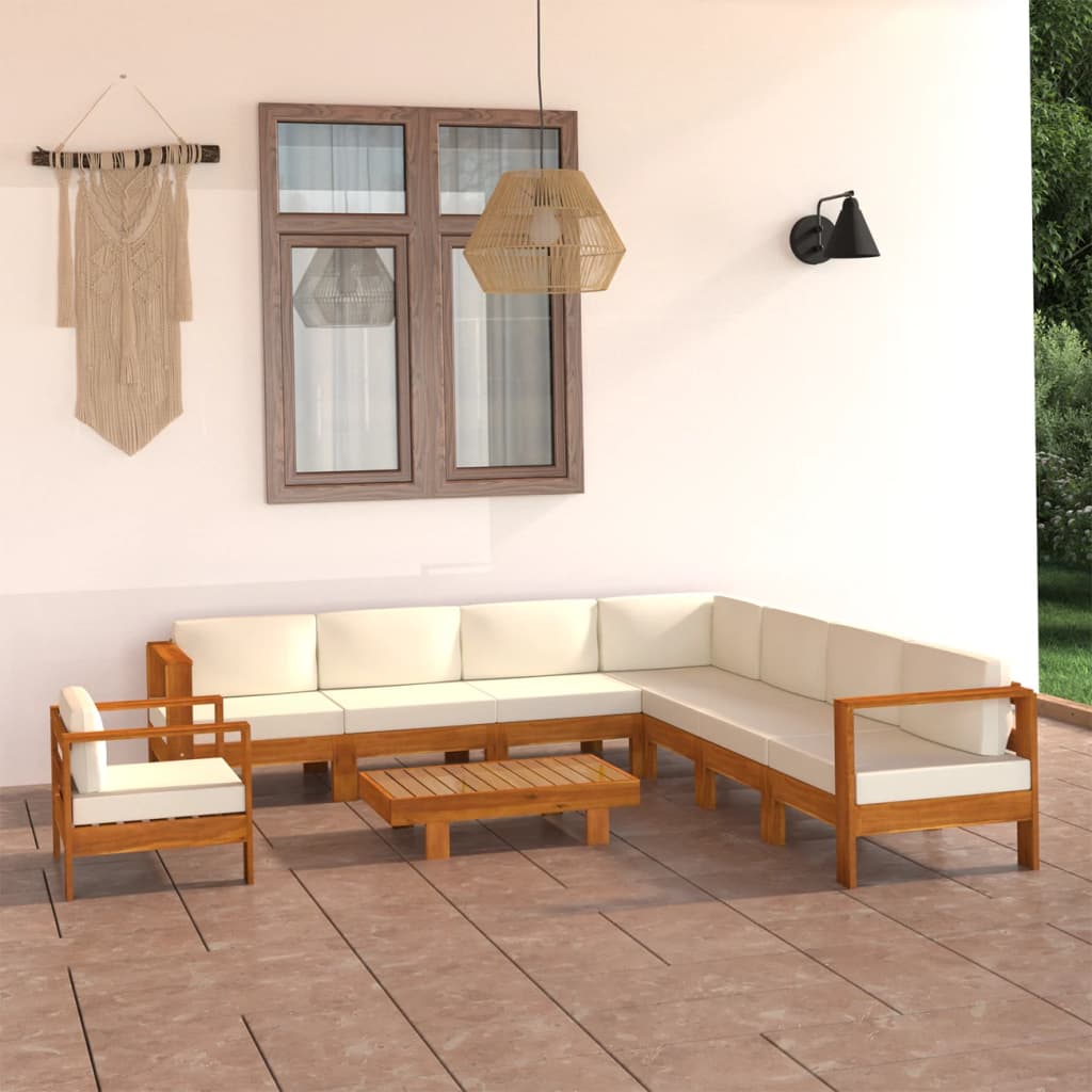 Vetonek Muebles de jardín 9 pzas cojines blanco crema madera de acacia 