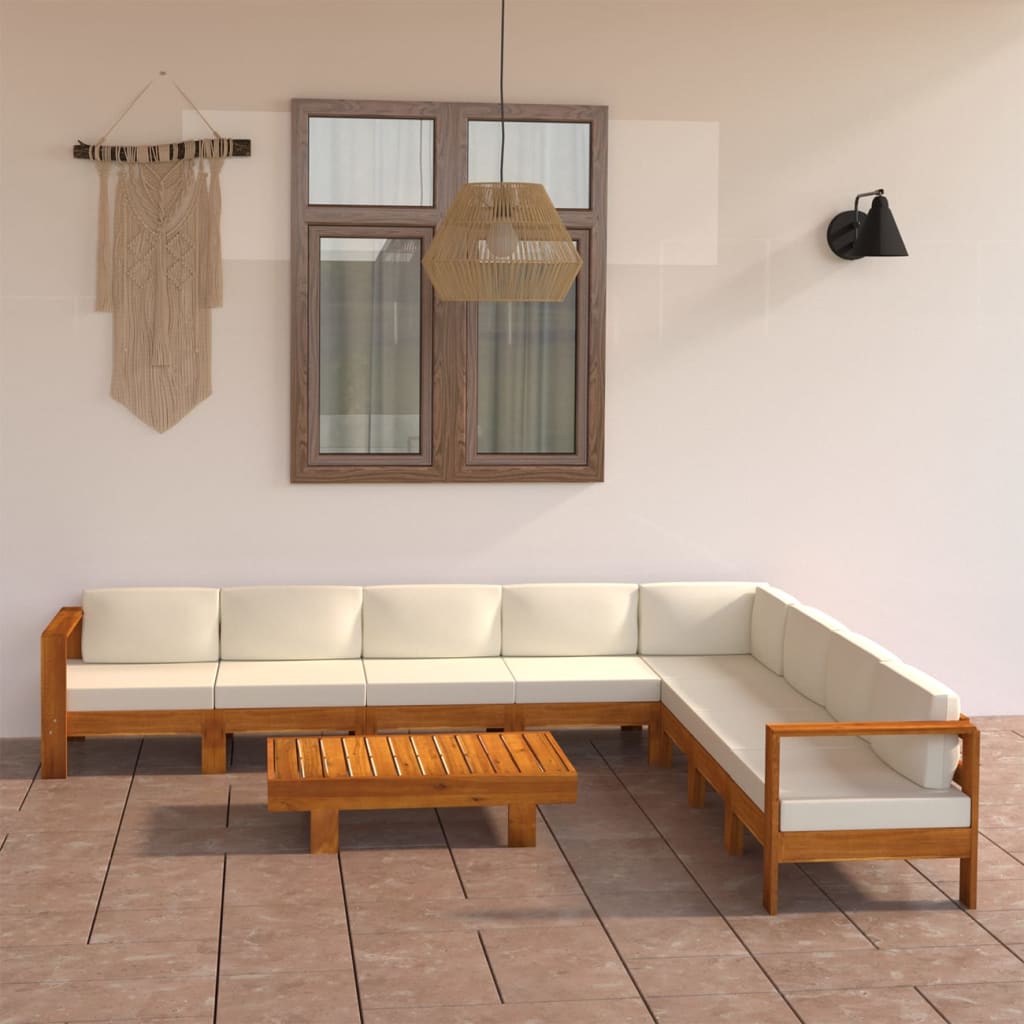 Vetonek Muebles de jardín 9 pzas cojines blanco crema madera de acacia 