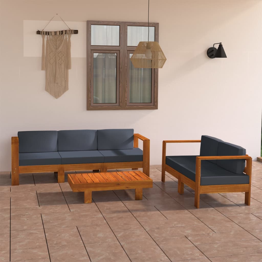 Vetonek Muebles de jardín 5 pzas con cojines gris oscuro madera acacia 