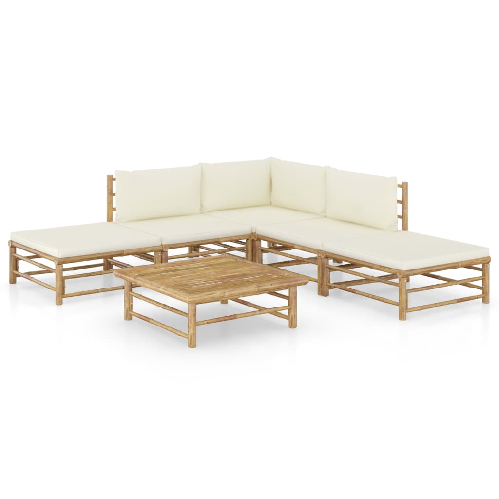 Vetonek Set de muebles de jardín 6 piezas bambú y cojines blanco crema