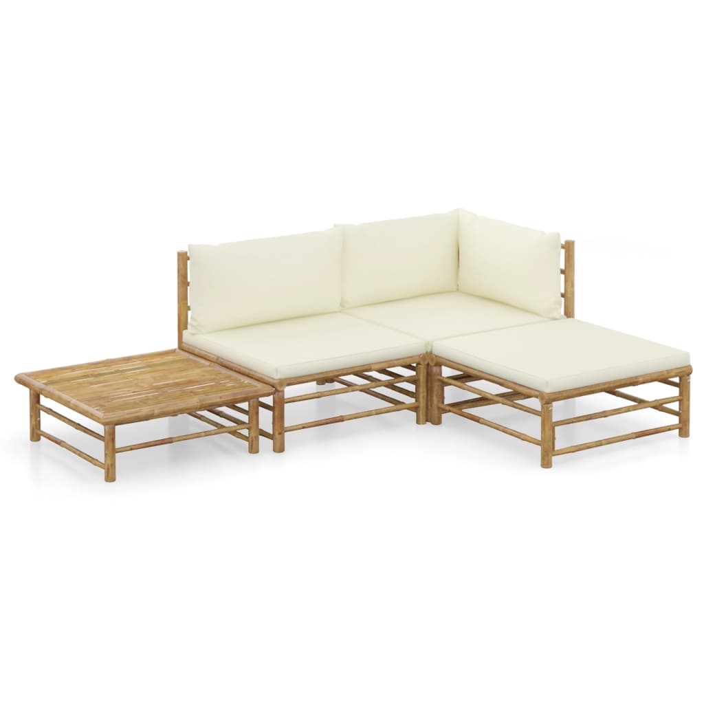 Vetonek Set de muebles de jardín 4 piezas bambú y cojines blanco crema