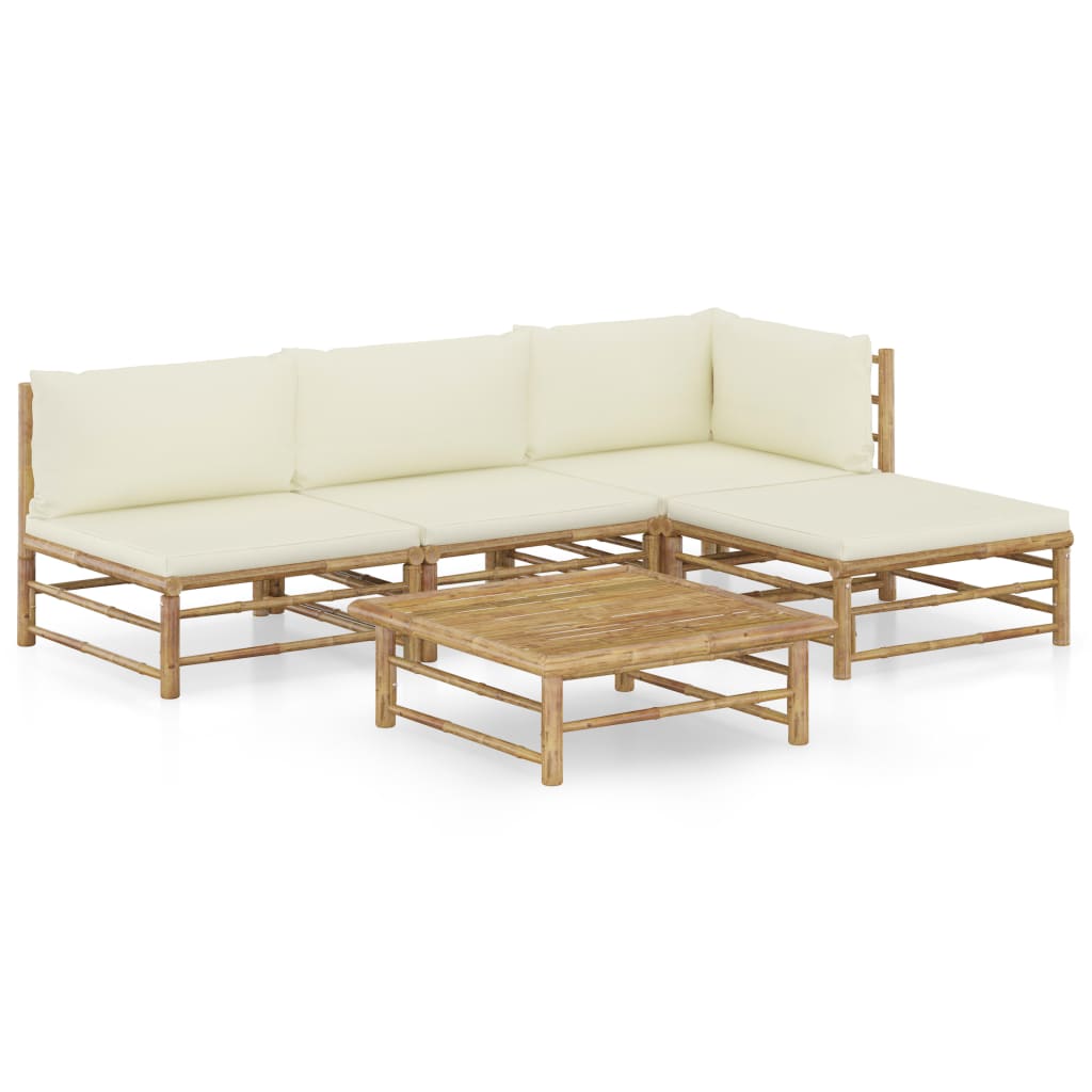 Vetonek Set de muebles de jardín 5 piezas bambú y cojines blanco crema