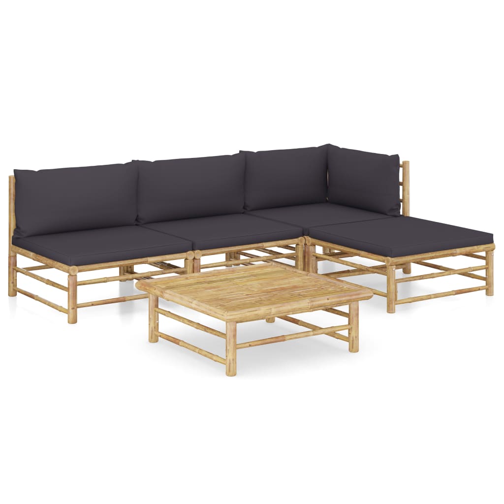 Vetonek Set de muebles de jardín 5 piezas bambú con cojines gris oscuro