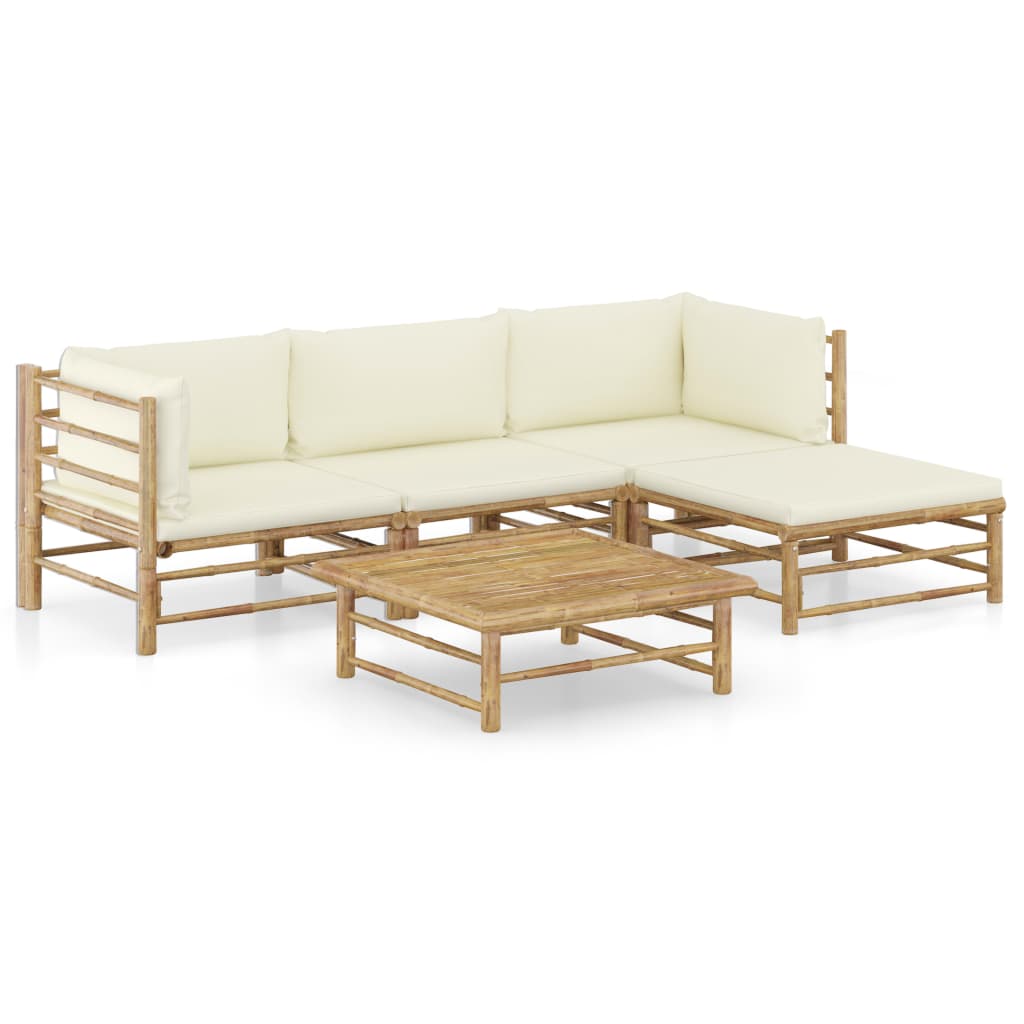 Vetonek Set de muebles de jardín 5 piezas bambú y cojines blanco crema