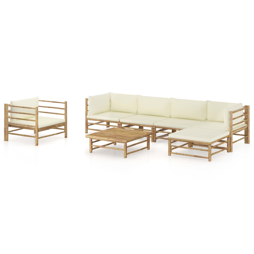 Vetonek Set de muebles de jardín 7 piezas bambú y cojines blanco crema